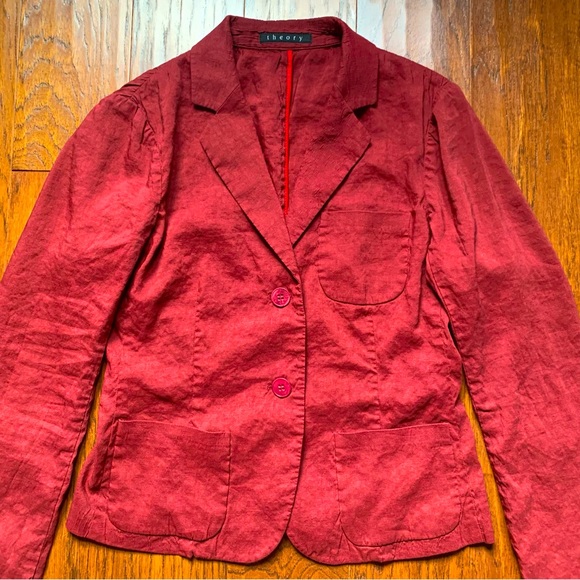 Theory Red Maroon Linen Blend Blazer - Size 6 - Picture 7 of 7